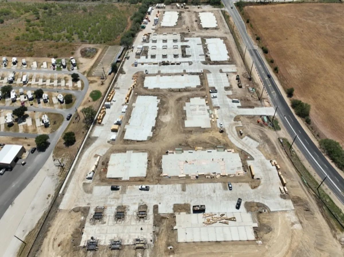 Aerial view of residential subdivision foundations